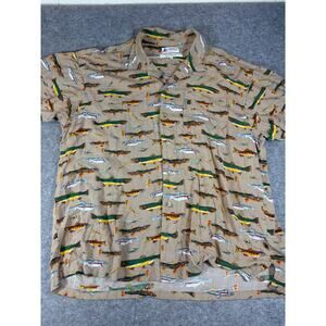 Columbia Button Up Shirt Mens Large Tan Fish Print Short Sleeve Fishing Outdoor